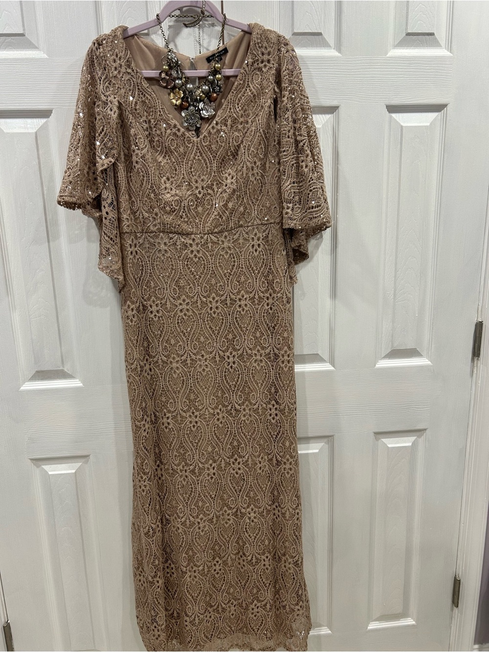 Blu Sage Taupe Lace V‑Neck Evening Gown w/ Jewelry